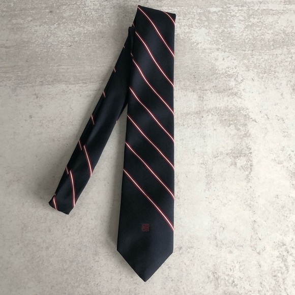 Givenchy Gentlemen Paris Mens Tie Navy Blue Red And White Stripe - Picture 3 of 13